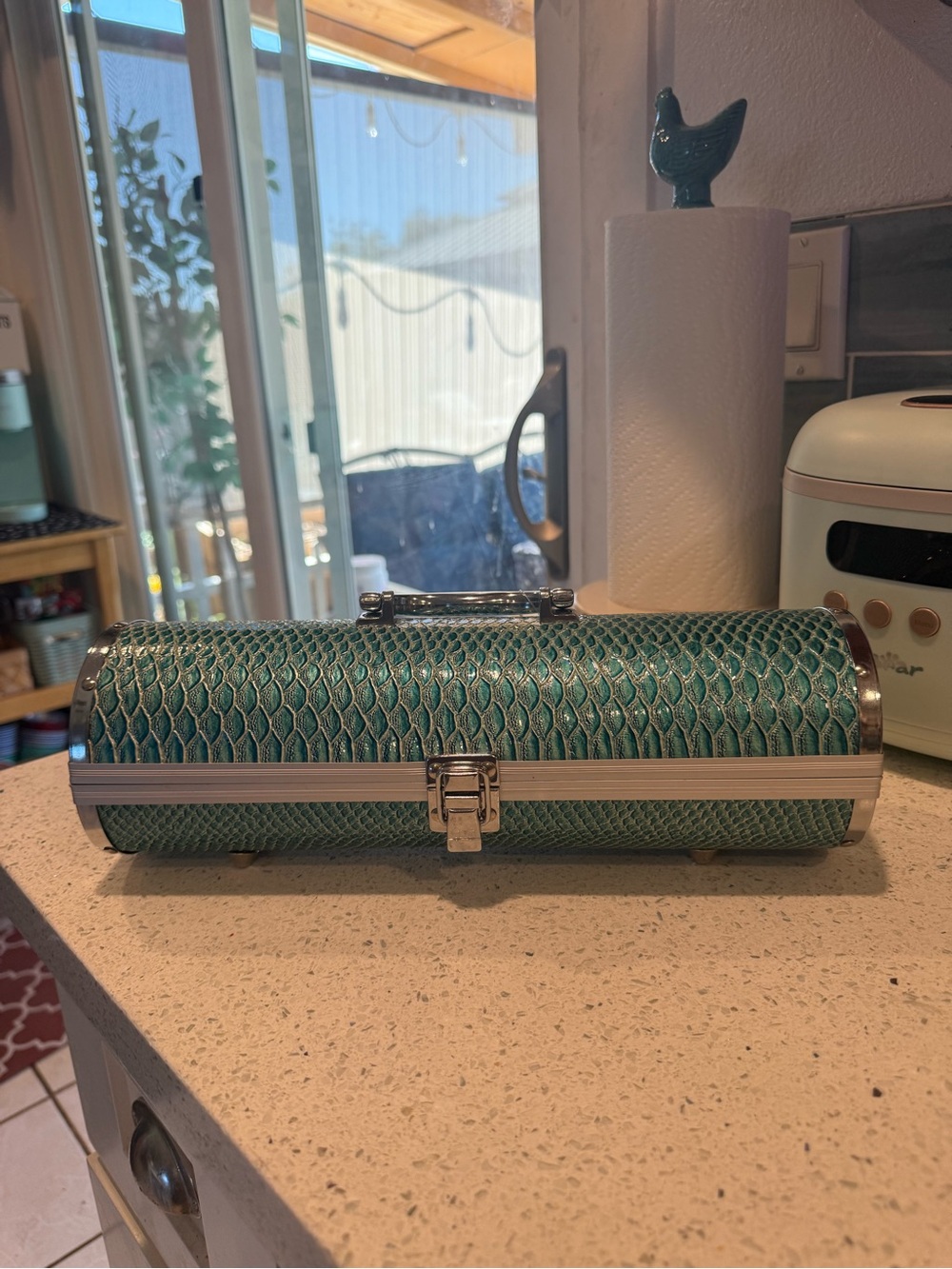 Teal Textured Cylindrical Jewelry Case with Handle